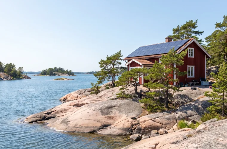 Villaområde i Stockholmstrakten med solceller på taken och skärgårdsvatten i bakgrunden